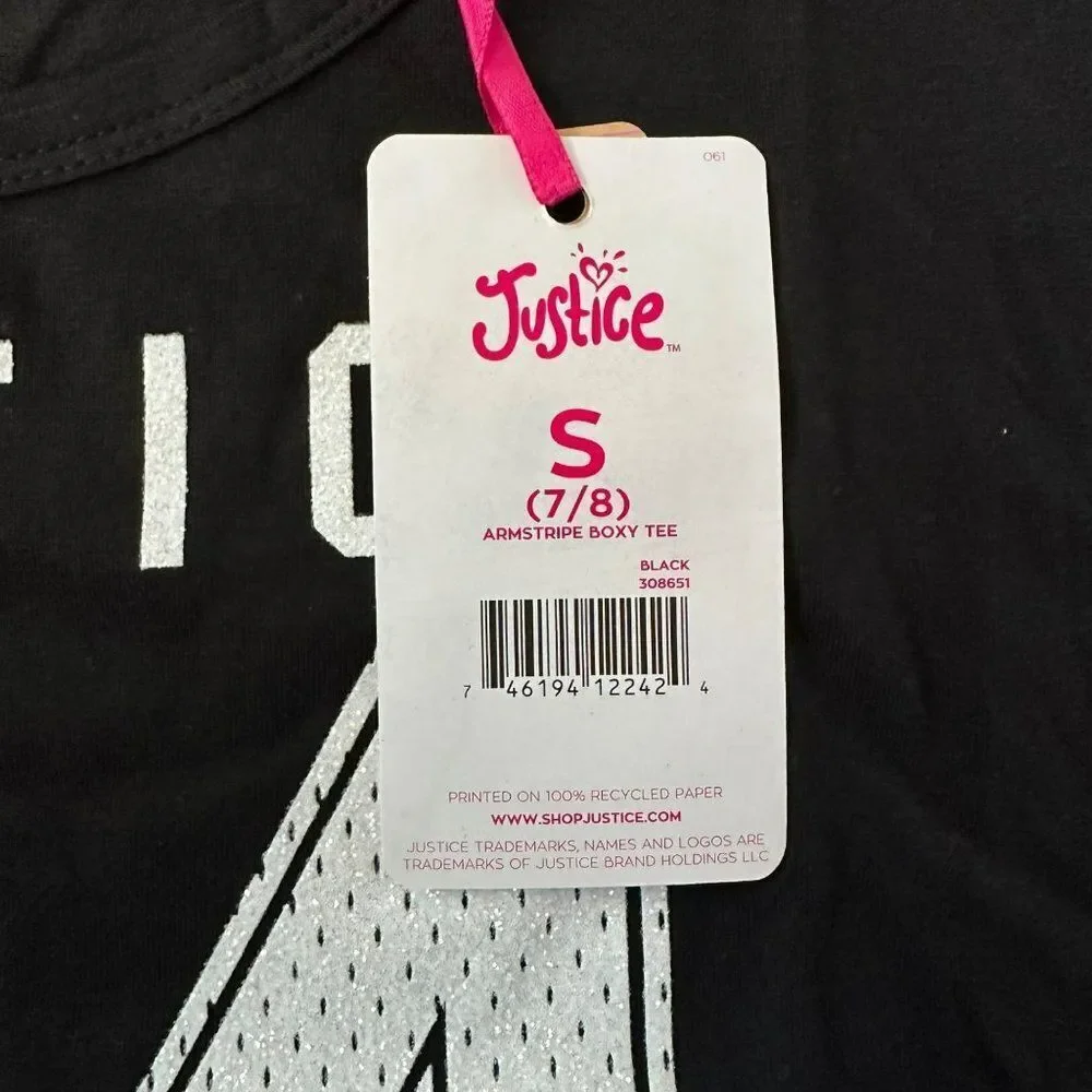 Justice Girls Armstrip Boxy Tee Varsity Short Sleeve Shirt in Black -7